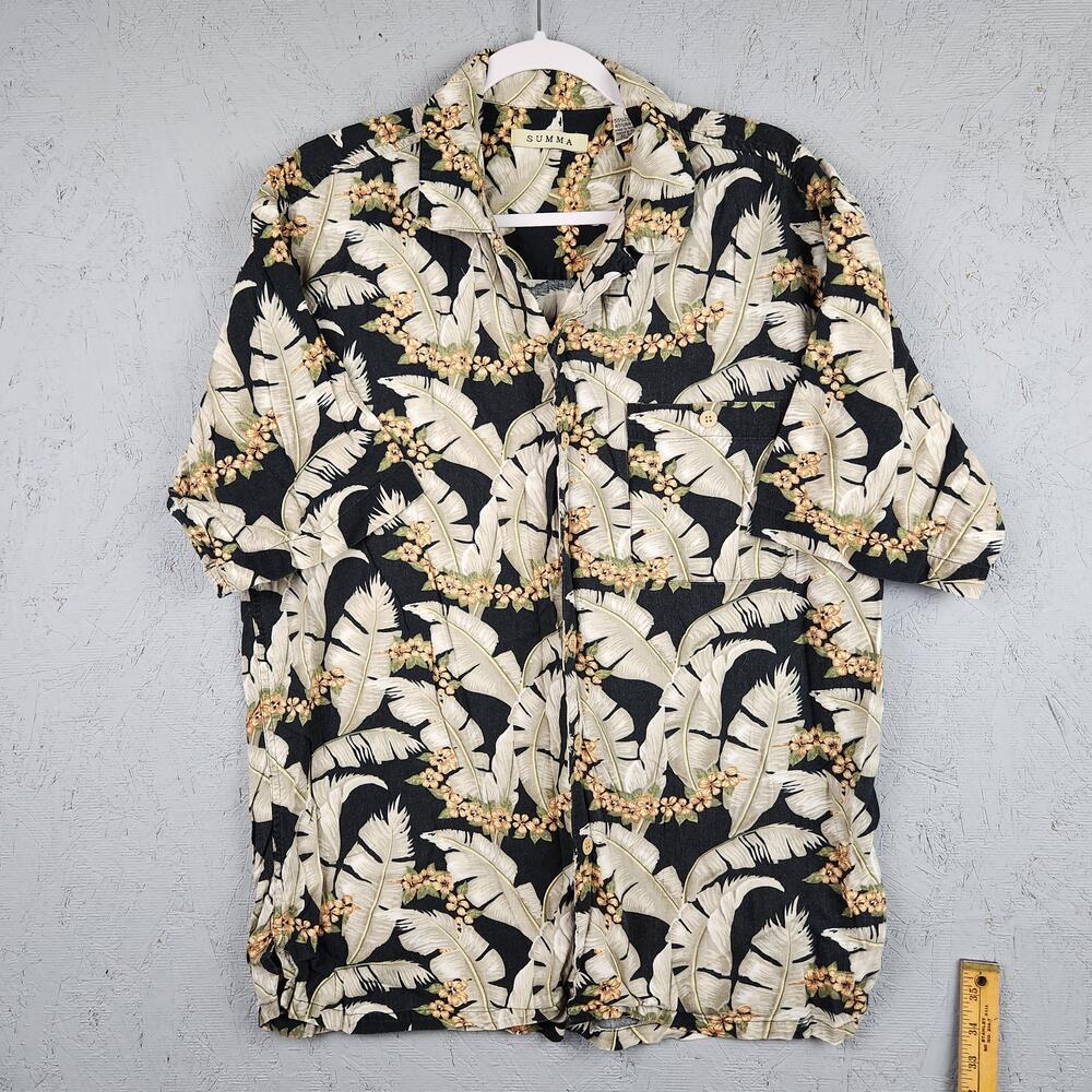 Vintage Summa Hawaiian Shirt Mens Large Black Tropical Floral Rayon Button Up